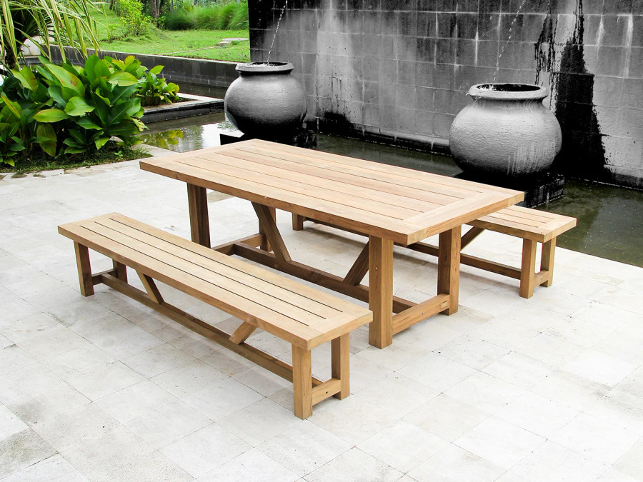 By way of example only. Vineyard outdoor reclaimed teak table, shown with matching benches. Shown in 2.3m version