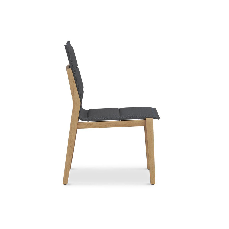 WALTER Outdoor dining side chair with double sling fabric sling on an A grade teak frame - side profile