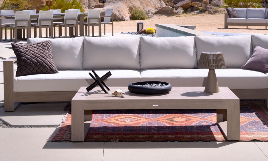 RANCHO outdoor coffee table with Duratek finish 160x80cm - shown in foreground. Also available in 80x80 - only one left in this size!