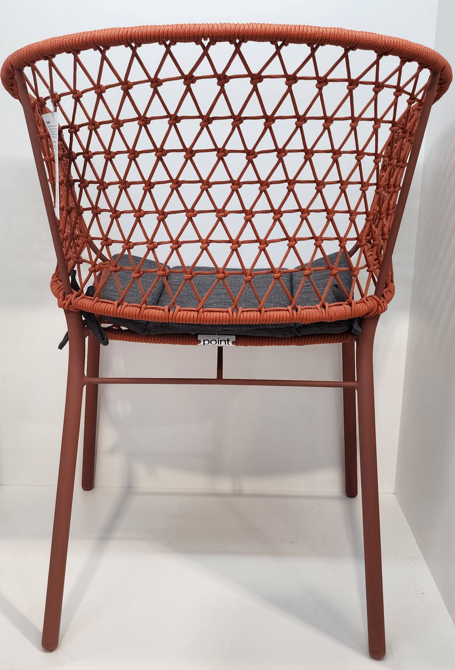 CRYSTAL stackable dining armchairs available in various colours - coral, camel and moss 
Includes outdoor seat cushion
 Displayed here in Coral on a galvanised steel frame - front view