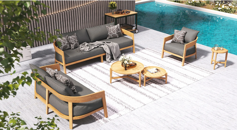COLORADO Teak Coffee Tables and the COLORADO Teak Side Table all displayed here with our VENETO Outdoor Sofa Setting (3 seater/2 seater/Lounge Chair). All items are available.