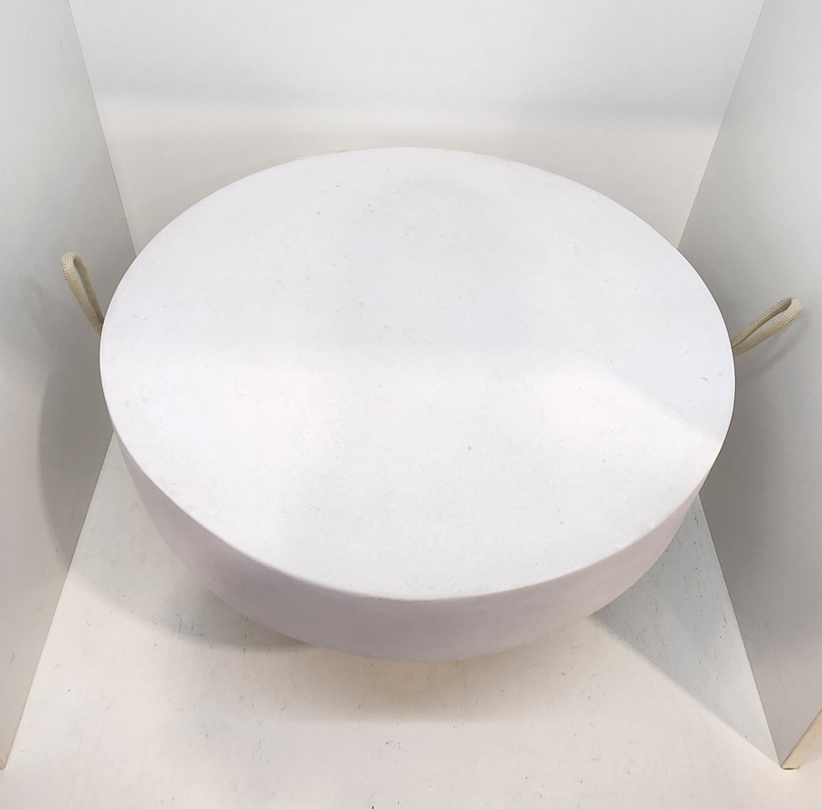 Aerial view of the ORBIT Coffee Table in White with a teak base and rope handles. Size 600x310