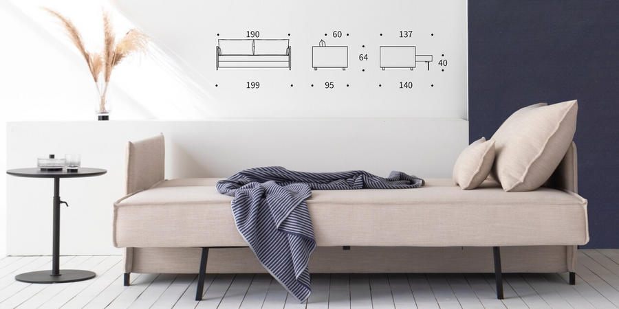 PATRIK Sofa Bed dimensions - front view as a bed - in situ*
Fabric option is indicative only* For fabric options, please ask staff for asistance