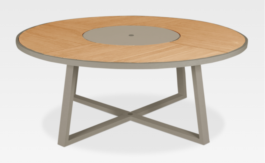 JARDINIA Teak Outdoor Dining Table on a powdercoated aluminium frame.  
The lazy susan in the centre of the table also has an umbrella hole.
Available in two sizes - 160cm or 190cm
View of the criss cross aluminium legs