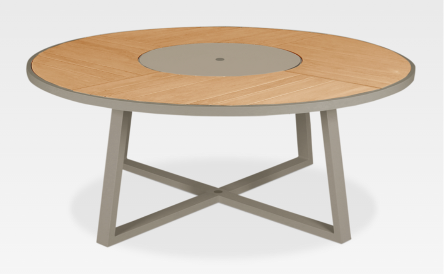 JARDINIA Teak Outdoor Dining Table on a powdercoated aluminium frame.  
The lazy susan in the centre of the table also has an umbrella hole.

View of the criss cross aluminium legs

Not available in this light grey frame, only available with charcoal frame