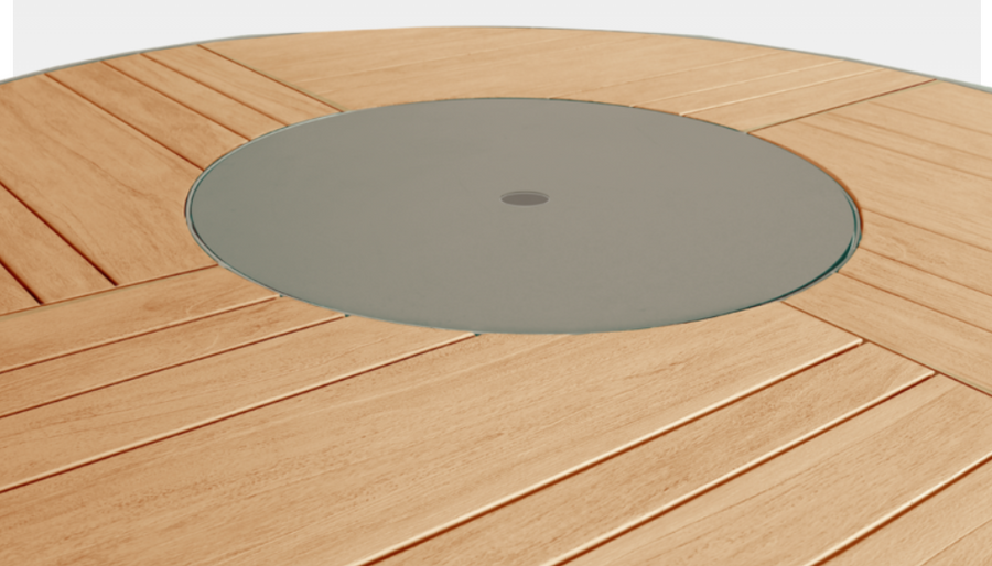 JARDINIA Teak Outdoor Dining Table on a powdercoated aluminium frame.  
The lazy susan in the centre of the table also has an umbrella hole.

Not available in this light grey frame, only available with charcoal frame