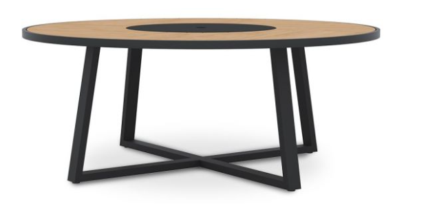 JARDINIA Teak Outdoor Dining Table on a charcoal powdercoated aluminium frame.  
The lazy susan in the centre of the table also has an umbrella hole.
