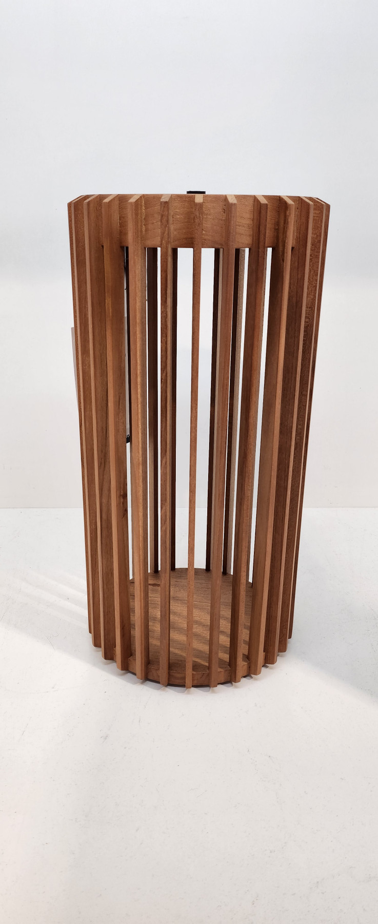 Front view of the TECK solar lantern with teak slats - 21cm diameter x 45cm high