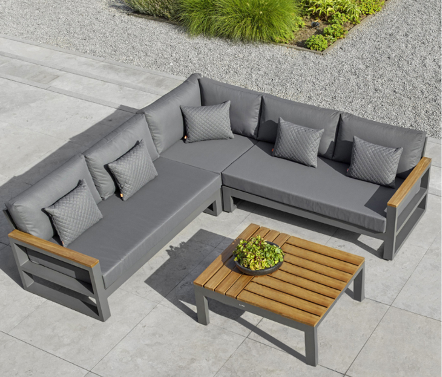 SOHO 3 pc powdercoated aluminium lava modular unit with teak accents on the arms.
Sooty sunbrella seat and back cushions.
*Please note, cushion colour displayed here is for indicative purposes only and not available 