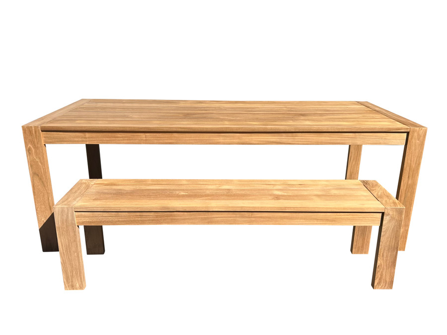 Charleston outdoor teak bench (168x46x46), shown paired with Charleston outdoor teak dining table
