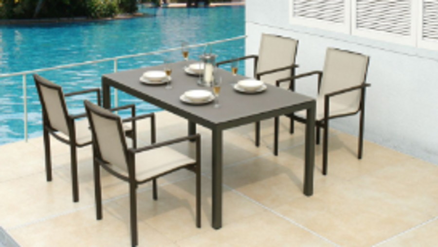 1.52cm x .88m Lisbon table shown with brown frame and  cappuccino frosted glass