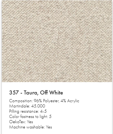 Neah is available in Taura Off White fabric, specs of the textile