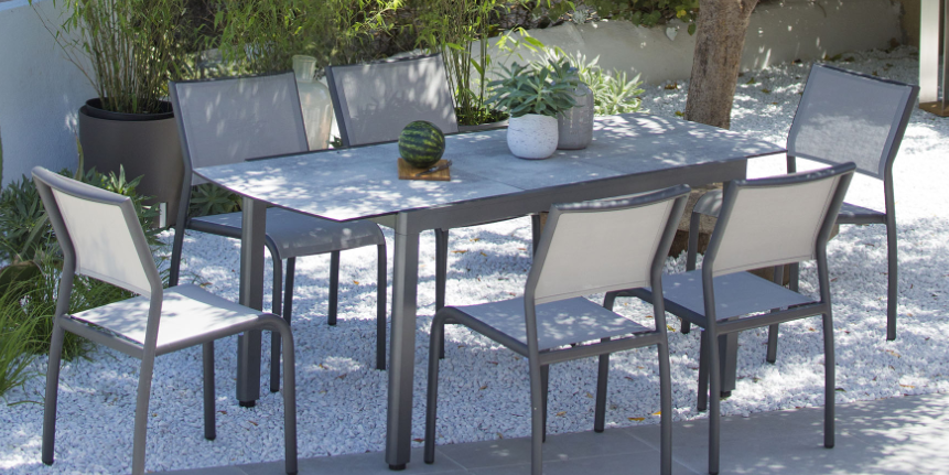 TICAO  Outdoor Dining Extension Table - White with Concrete Beton HPL top 1.45m-1.85 x 0.75m
