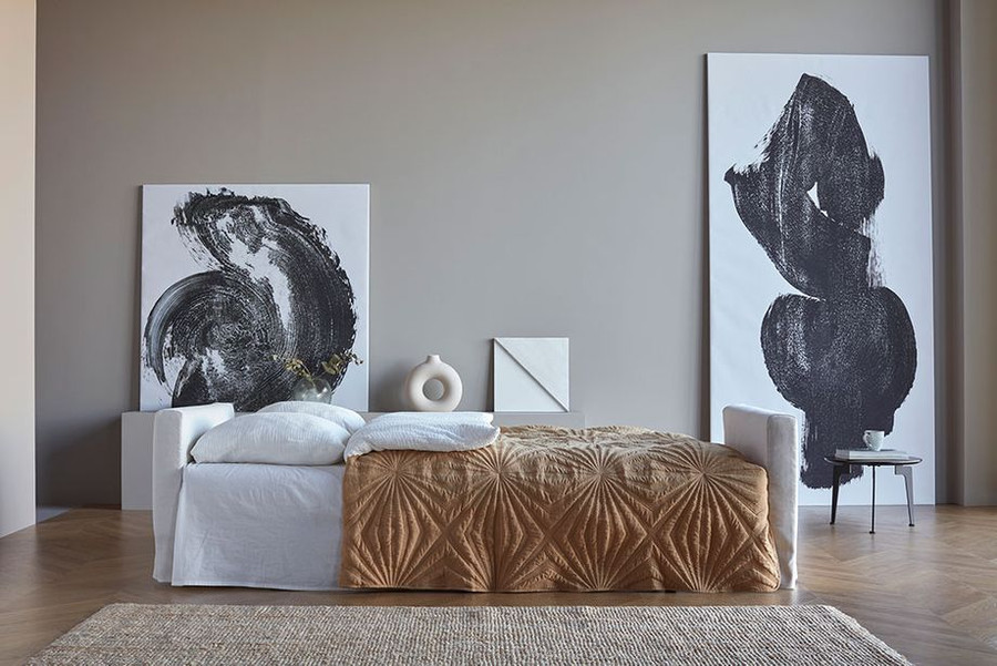 PASCALA bohemian and feminine look, double sofa bed by Innovation Living in Dusty White fabric 574 - bed conversion.