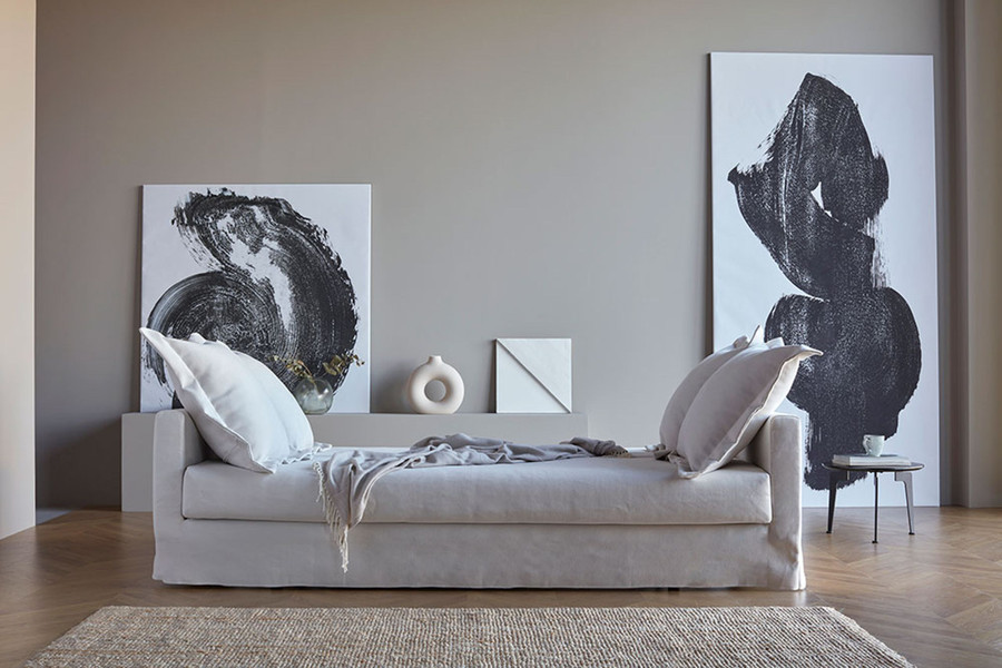 PASCALA bohemian and feminine look, double sofa bed by Innovation Living in Dusty White fabric 574 - bed conversion.