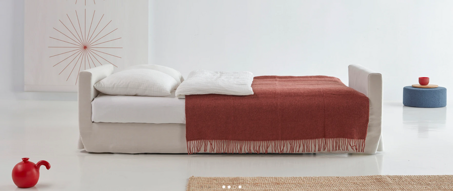 PASCALA bohemian and feminine look, double sofa bed by Innovation Living in Dusty White 574 - bed conversion - front view of bed conversion