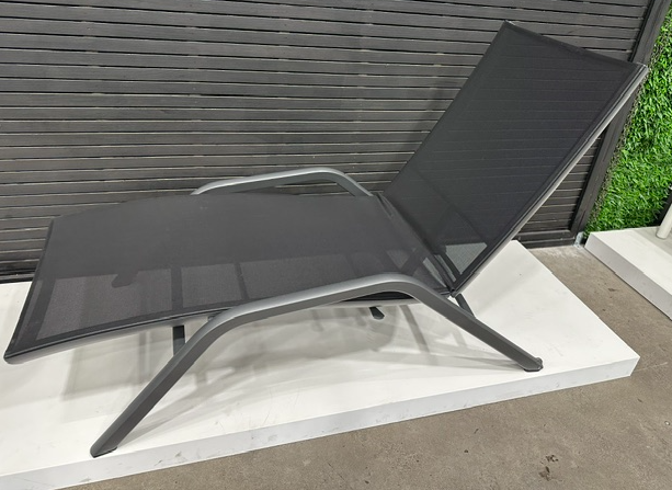 YOLO sunlounger, space grey  powder coated frame, Black sling, highest back setting, ideal for reading
