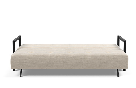 BIFROST Queen Sofa Bed with black oak arms. Available in various fabric options - please ask staff for assistance
Displayed here in Linen Sand - fully open as a bed