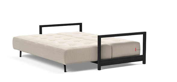 BIFROST Queen Sofa Bed with black oak arms. Available in various fabric options - please ask staff for assistance
Displayed here in Line sand - angled view of the bed