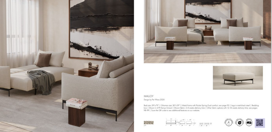 Easy conversion of MALLOY sofa to bed utilises space wisely, also pictured is matching optional Malloy ottoman, available on INDENT ONLY