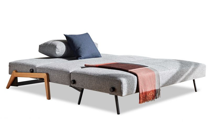 CUBED 160 sofa bed in bed position in Granite Twist with light oak legs. Also avilable in Dark Oak legs