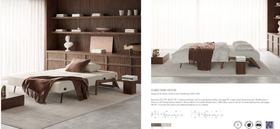 CUBED 160 sofa bed opened, the dark oak wood legs matching the panelling on the walls