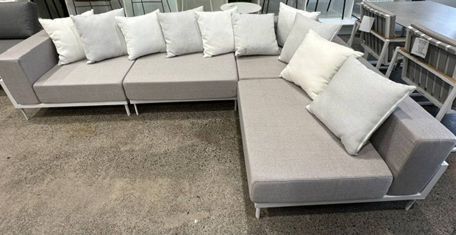 Cleo white aluminium modular sofa measures 3m x 2m as displayed , scatter cushions are available as optional extras