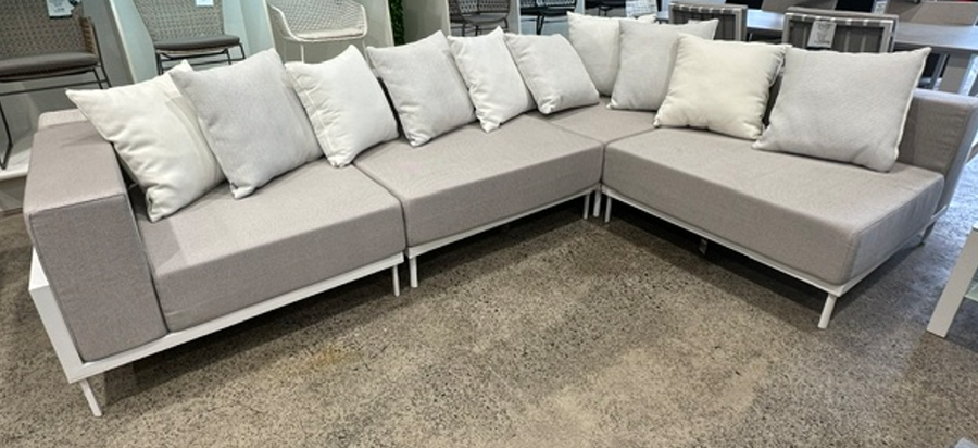 Cleo white aluminium modular sofa measures 3m x 2m as displayed , scatter cushions are available as optional extras