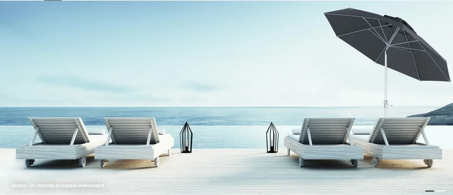 Venice 2.2m tilt umbrella in charcoal fabric. Aluminium mast, high strength fiberglass arms.