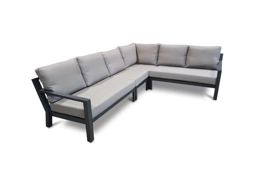 LIFE TIMBER Outdoor Aluminium modular corner lounge set - Lava, with Sunbrella cushions. This picture includes a left arm and right arm sofa , a corner sofa  and a single sofa , four pieces total.