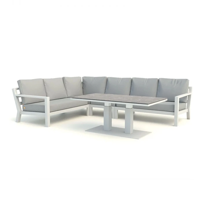 Life outdoor Timber corner set with low arms in white frame with sunbrella natter grey cushions- 4 piece set includes :
left and right arm sofa, armless single sofa and a corner sofa.

Also shown is a Zeb extending height coffee table which is available separately.