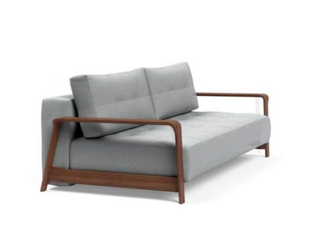 Displayed here as a sofa, the RAN Queen size sofa bed with dark walnut arms . Various fabric options are available.
Please ask our friendly staff for assistance when choosing fabric options.