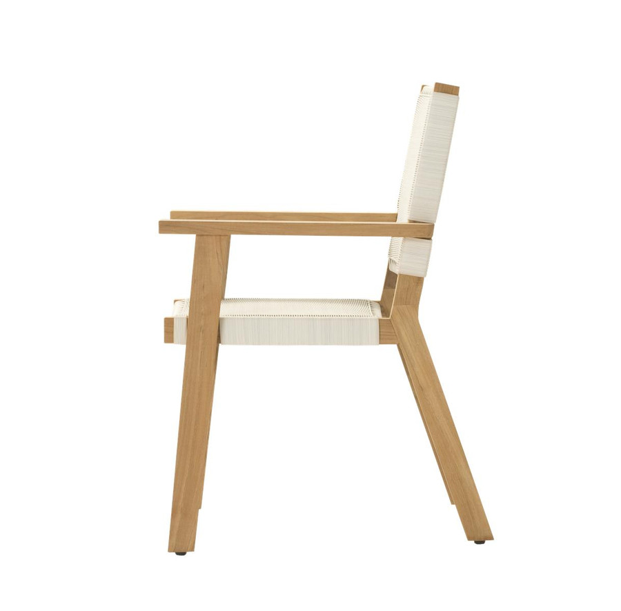 Side view of Devon JACKSON teak and wicker outdoor dining chair in whitewash