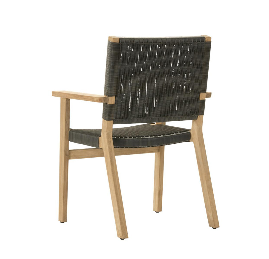 Rear view of Devon JACKSON teak and wicker outdoor dining chair in shadow grey