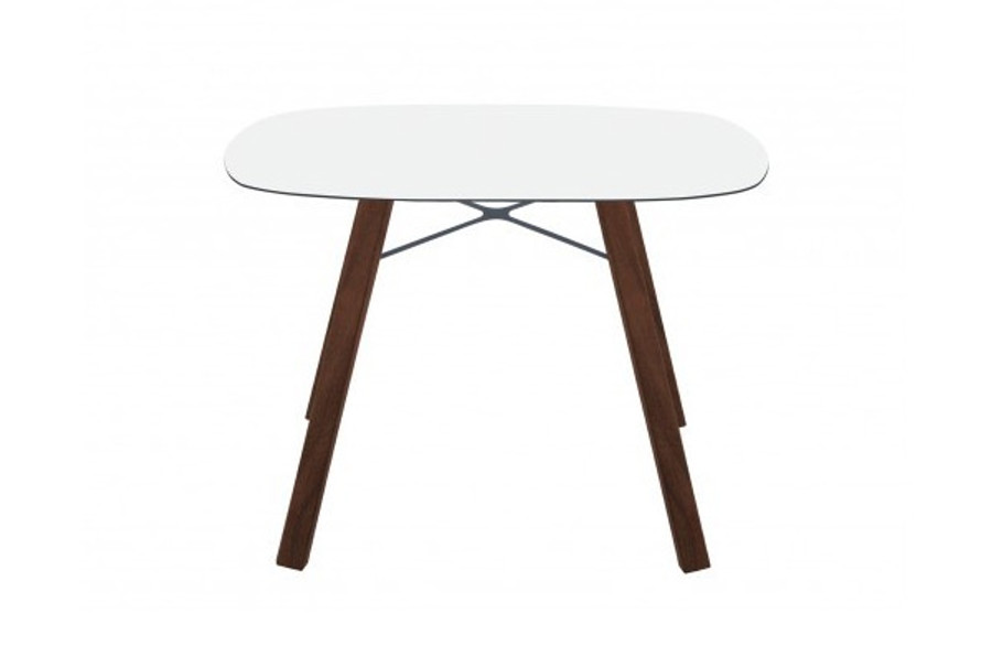 WOX Iroko table 100x100 with rounded corners - HPL table top with Iroko wooden legs