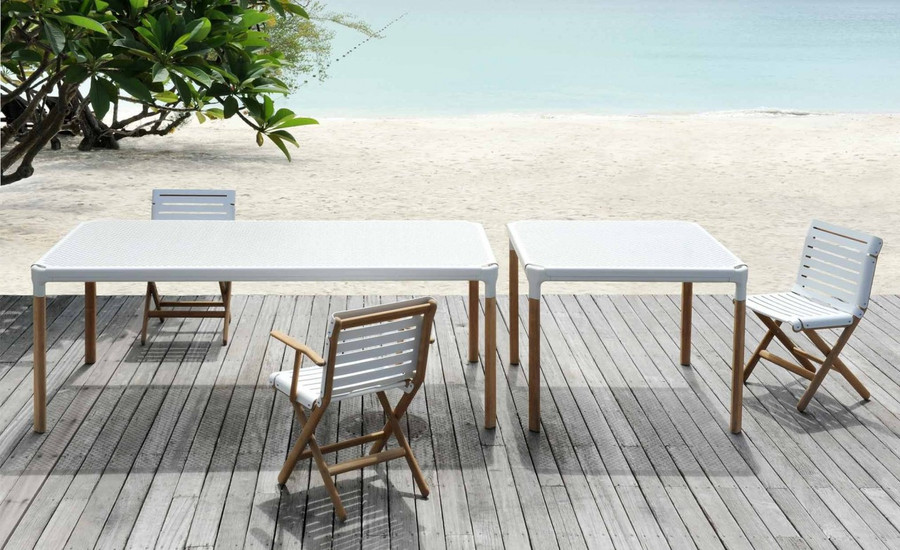 AT800 Folding Dining Arm Chair - white powder coated aluminium and teak
AT800 Dining Side Chair - white powder coated aluminium and teak
In situ with our STIPA tables - please note smaller table is no longer available