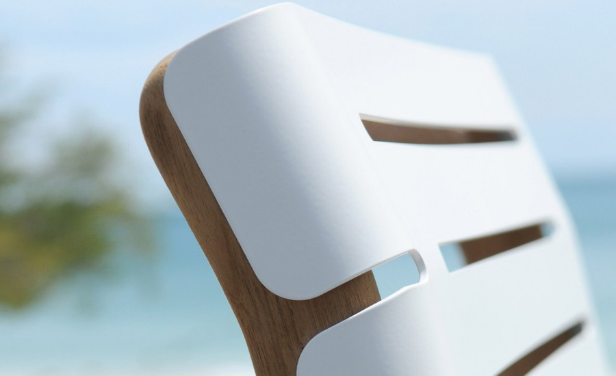 Close up view of the white powdercoat and the teak frame
AT800 Folding Dining Arm Chair - white powder coated aluminium and teak
AT800 Dining Side Chair - white powder coated aluminium and teak