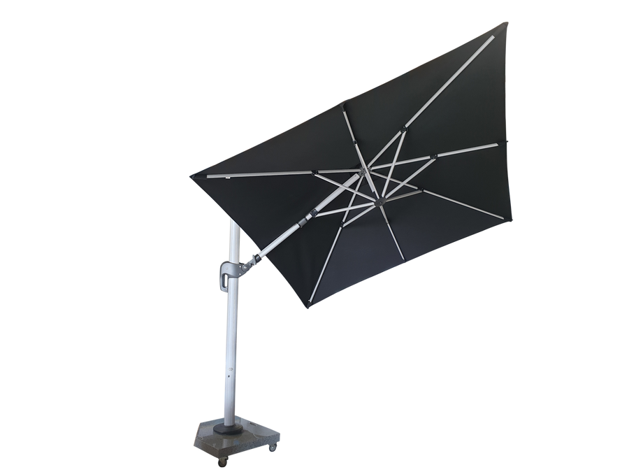 This picture is for illustrative purposes only and shows a 2.5m square ROMA umbrella with black canopy and silver pole .
The 3.0m square canopy uses the same frame, but the arms extend to 3x3m. 
Available in  Canvas (Ecru)  colour, Charcoal and Black
Shown with umbrella in side and rear tilt position.
Note : umbrella comes with steel cross bars that require x x 50x50cm pavers. *The base shown in the picture is not supplied with the umbrella.