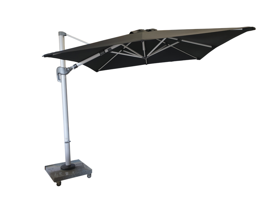 This picture is for illustrative purposes only, and shows a 2.5m square ROMA umbrella with black canopy and silver pole. No longer available in black*

The 3.0m square canopy uses the same frame, but the arms extend to 3x3m. 
Available in Coal or Canvas colours.
Note : umbrella comes with steel cross bars that require x x 50x50cm pavers. *The base shown in the picture is not supplied with the umbrella.