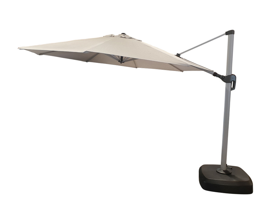 Roma 3.5m umbrella in open position. Fabric shown is Cast Silver Sunbrella fabric - SOLD OUT in this colour. Available in White, Coal Tweed or Canvas Canvas colours. 
Shown with optional water-filled moveable base - $795.