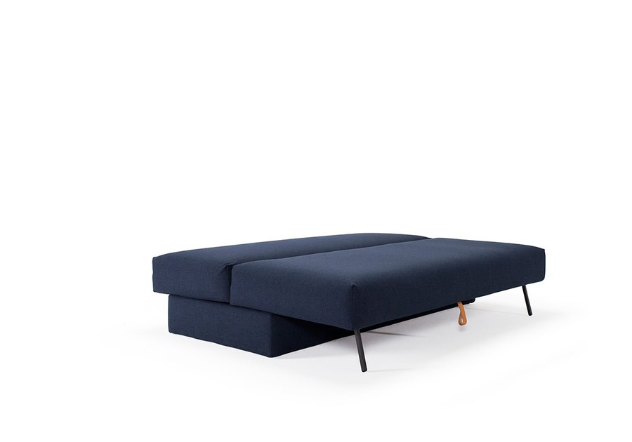 OSVALD sofa bed in Blue Dance in bed position with internal storage. Please ask staff for fabric options