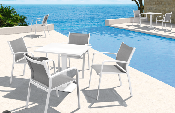 SMALL size Iris cafe table .7m x .8m shown in this picture, paired with Luis chair available in white, or white and grey (stackable)