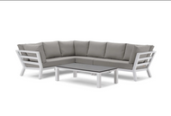 LIFE Timber Outdoor Aluminium Modular  - with a White powder-coated frame. As pictured, this modular has the HIGH ARM version with Natte Grey cushions - please ask staff for different options and pricing*
Picture depicts - corner, left and right arms and a single piece (4 in total)
The HIGH ARM version x 4 pieces = $8,080