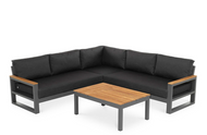 SOHO 3 pc powdercoated aluminium lava modular unit with teak accents on the arms.
Sooty sunbrella seat and back cushions.
*Coffee table not available - for indicative purposes only. Many suitable coffee table options available instore. Ask our friendly staff for assistance