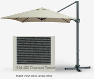 Sidepost umbrella,   3m x 3m  canopy,  place 4 x concrete pavers on the cross brace spaces, available in CHARCOAL TWEED colour!