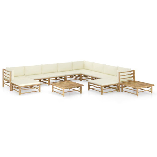 12 Piece Garden Lounge Set with Cream White Cushions Bamboo