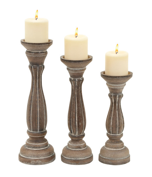 Benzara Traditional Style Wooden Pillar Shaped Candle Holder, Brown, Set of 3