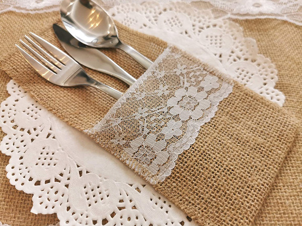 25/50/100PCS 4 x 8Inch Natural Burlap Lace Storage Bag Linen Cutlery Pouch Knife Fork Tableware Poket Utensil Organizer for Wedding Party Restaurant