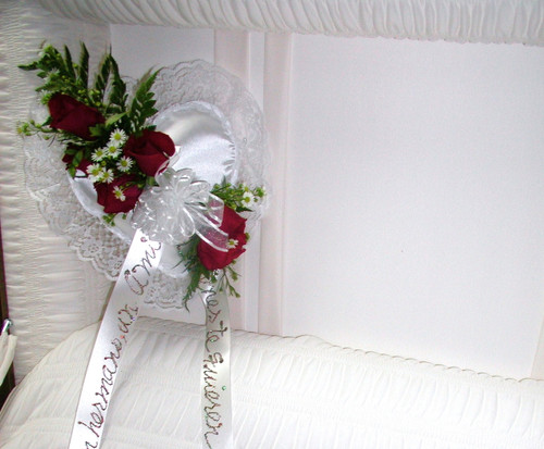 Casket satin heart with rose corsage insert. Colors can be substituted. 