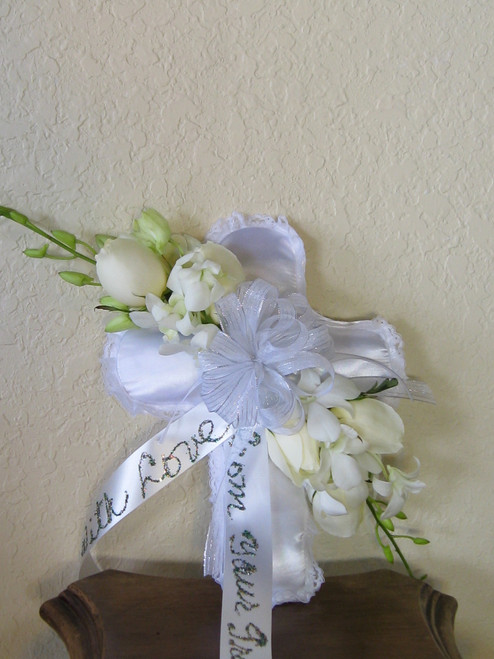 Casket satin cross insert. Colors of flowers can be substituted. 